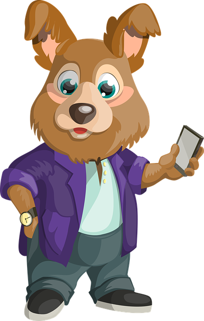 dog, nature, smartphone, holding, watch, dressed, casual, character, animal, pet, smart, cheerful, cute, male