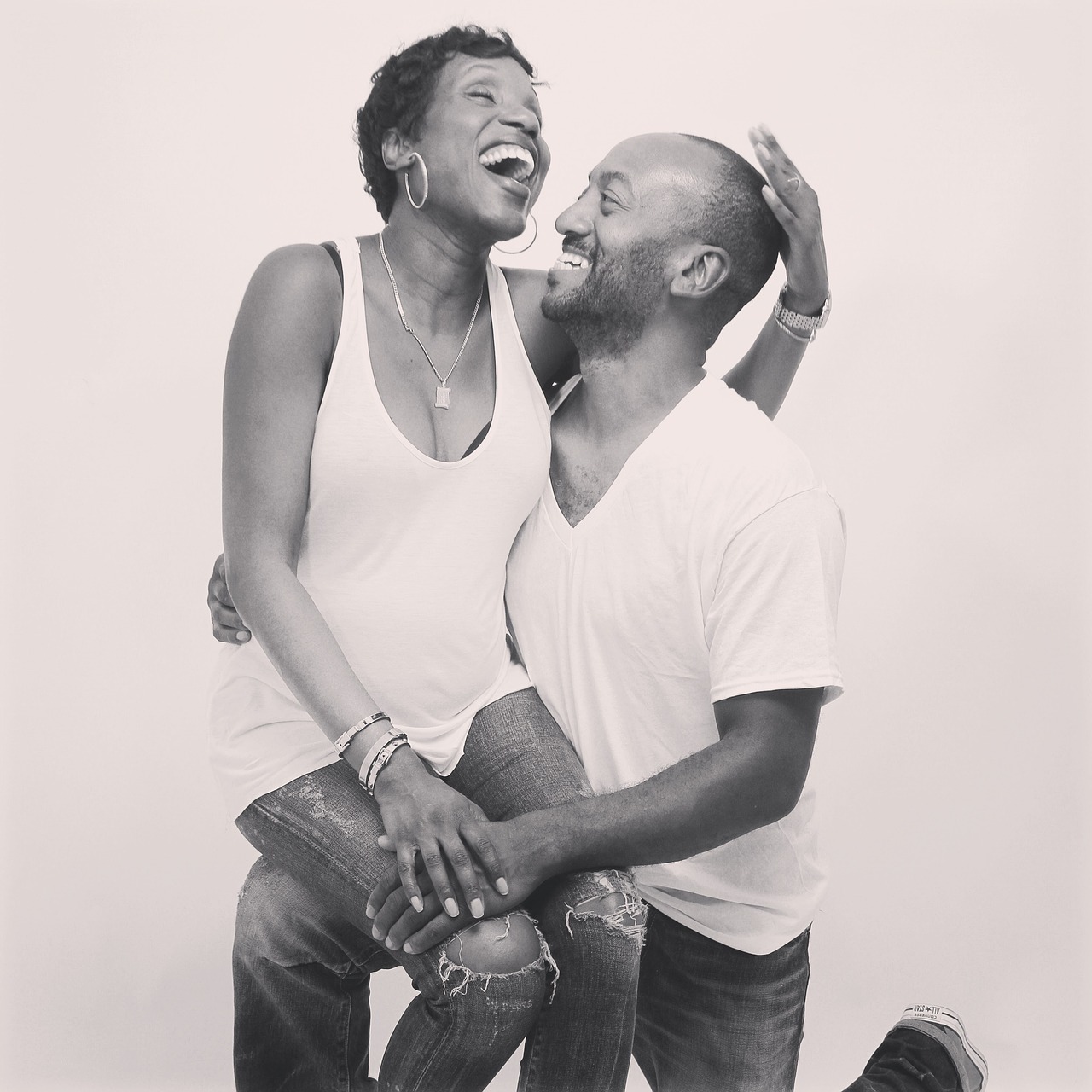 Couple  Black Couple  Relationship  Together  Lovers  Happy  Smile  Laughing  Happy Couple  Affection  Portrait  Couple Portrait  Black And White  Monochrome  Studio Photography  People  Happiness  Happy People  People Smiling  Laughter  Black  Love  Marr
